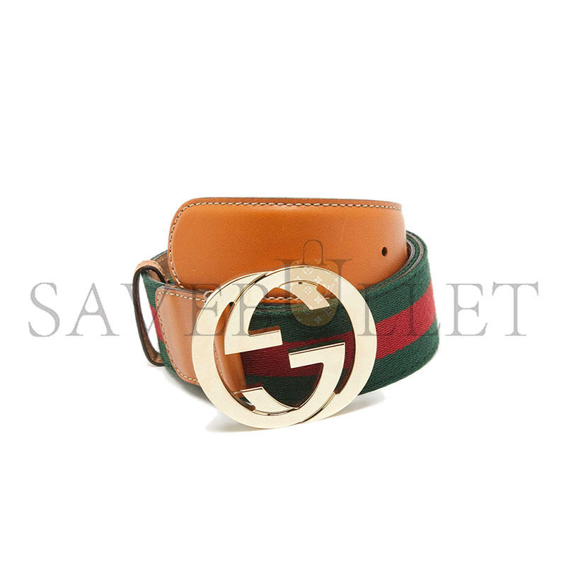 GUCCI TAN LEATHER AND WEB CANVAS INTERLOCKING G BUCKLE BELT 95 CM GUCCI TAN LEATHER AND WEB CANVAS INTERLOCKING G BUCKLE BELT 95 CM